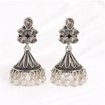 Load image into Gallery viewer, Oxidised Floral Top Bell Jhumka with Pearl Drops
