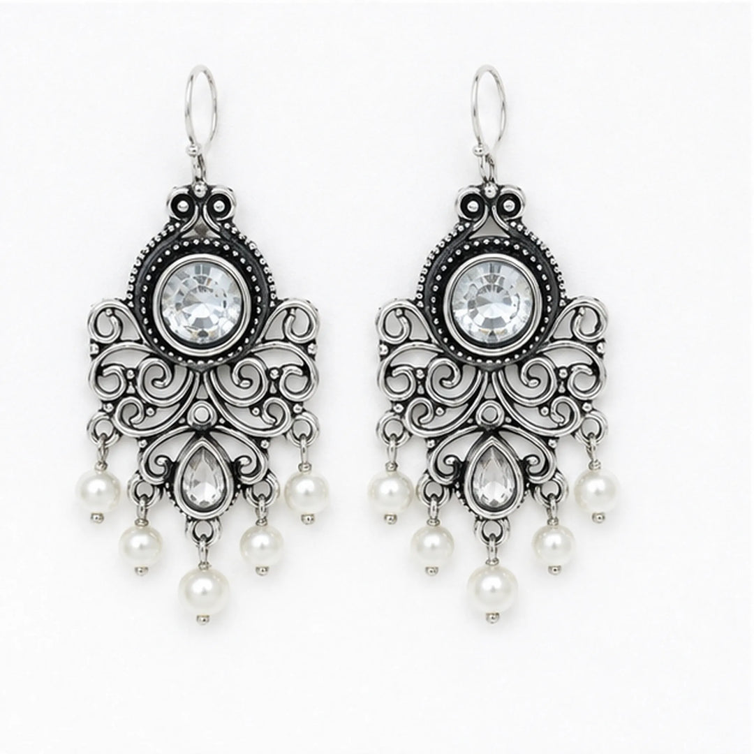 Oxidised Filigree Chandelier Pearl Drop Earrings