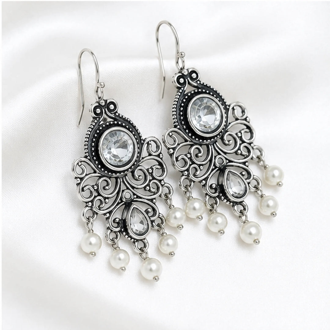 Oxidised Filigree Chandelier Pearl Drop Earrings