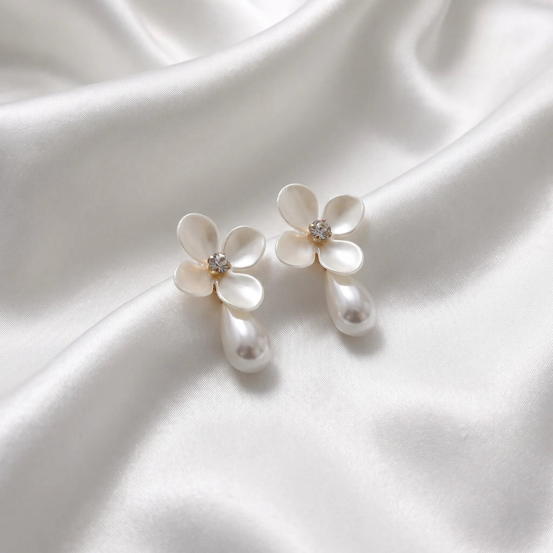 Pearl Drop Flower Stud Earrings