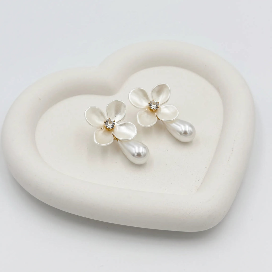 Pearl Drop Flower Stud Earrings