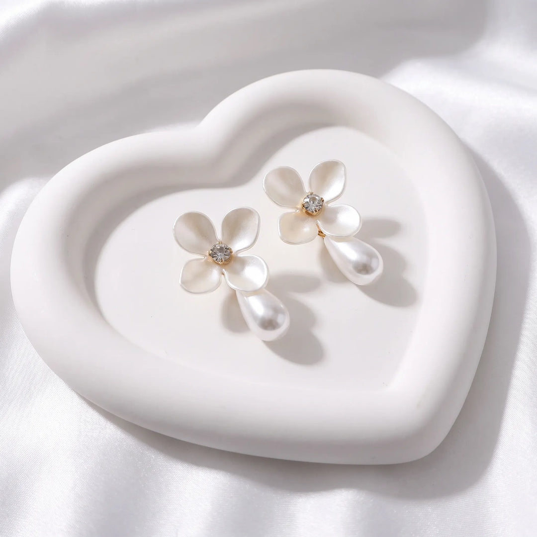 Pearl Drop Flower Stud Earrings