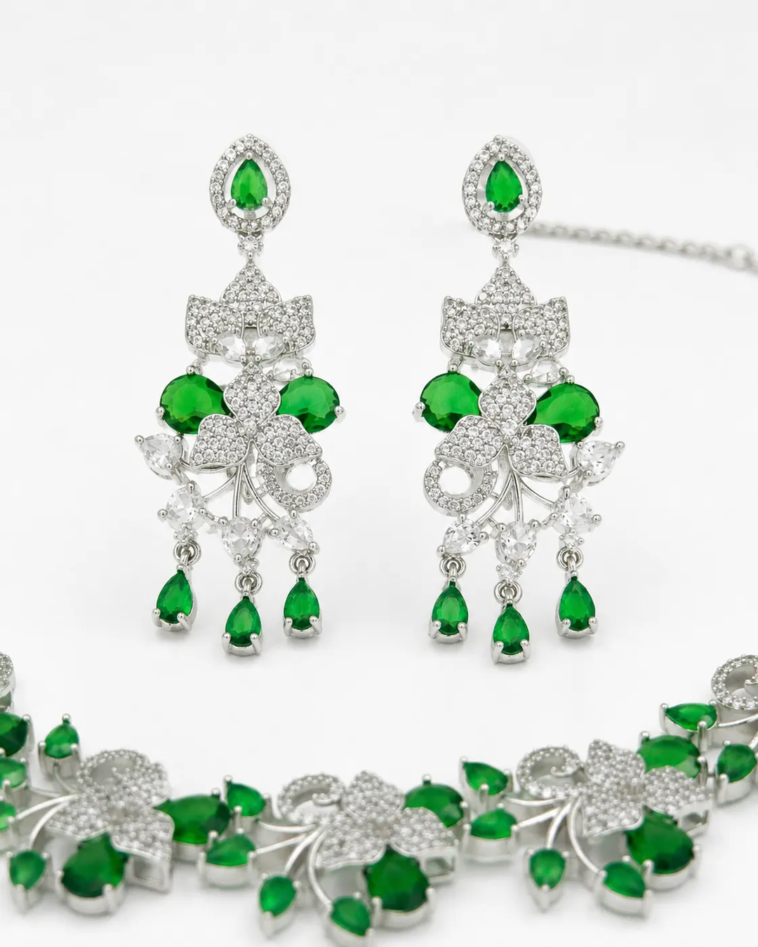 Ruvique Emerald Floral Vine AD CZ Necklace Set