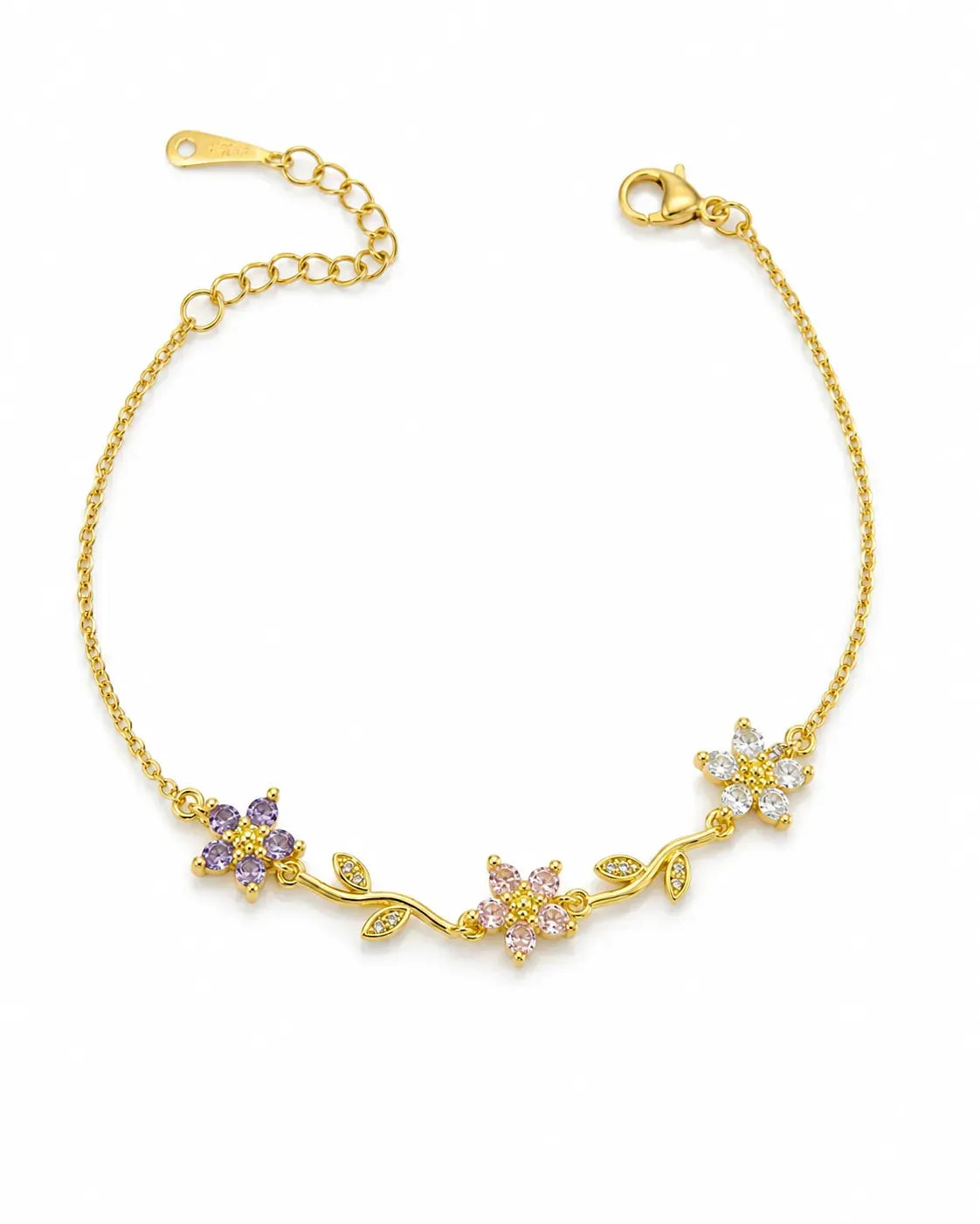 Gold triple flower vine cz bracelet