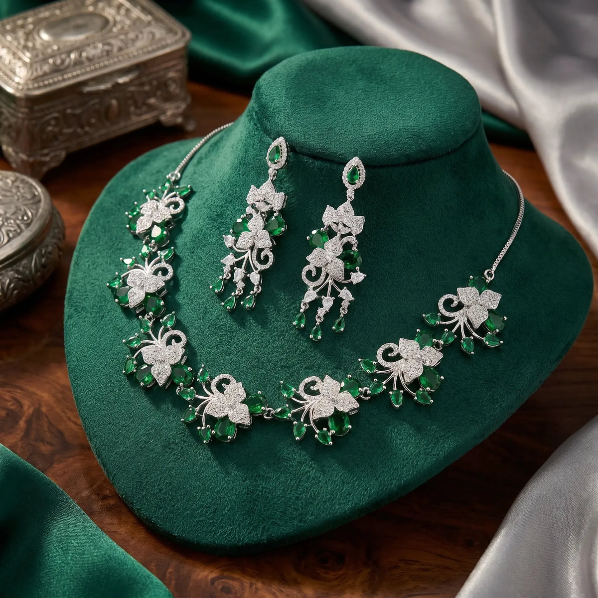 Ruvique emerald floral vine ad cz necklace set