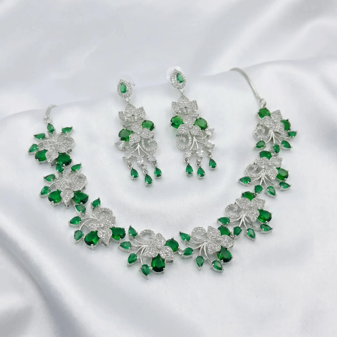 Ruvique Emerald Floral Vine AD CZ Necklace Set