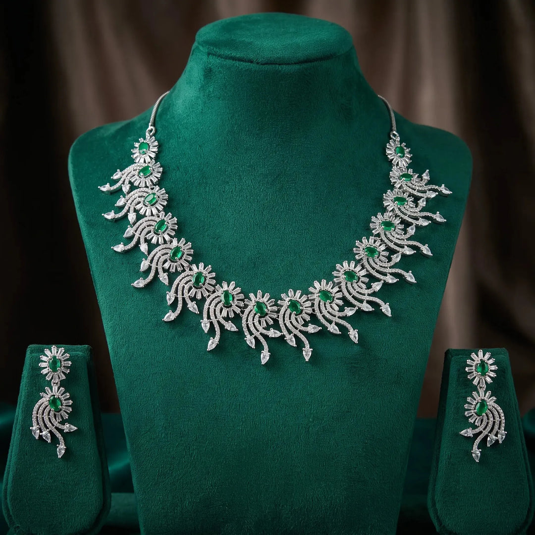 Ruvique Emerald Sunburst AD CZ Statement Necklace Set