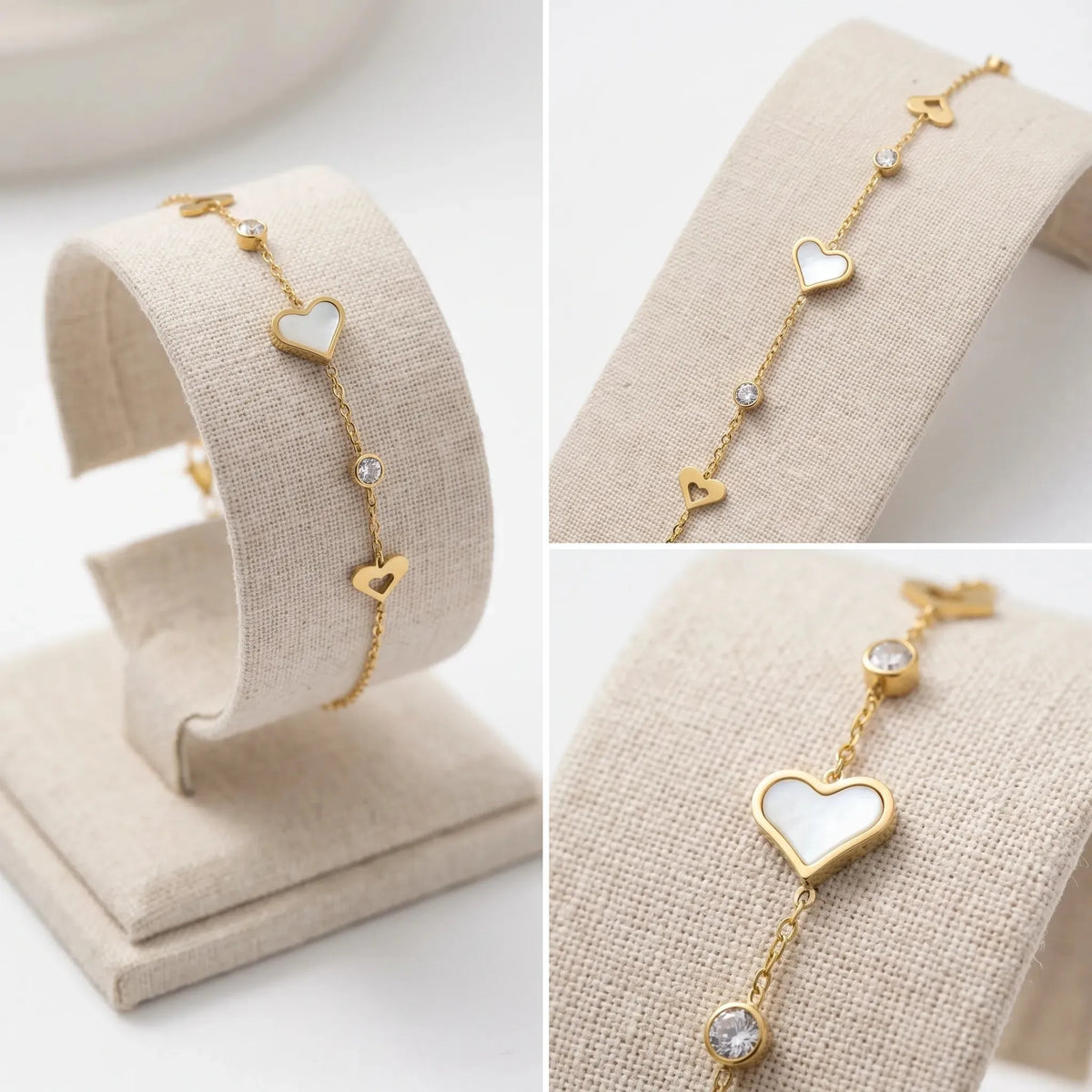 Gold shell heart charm cz bracelet