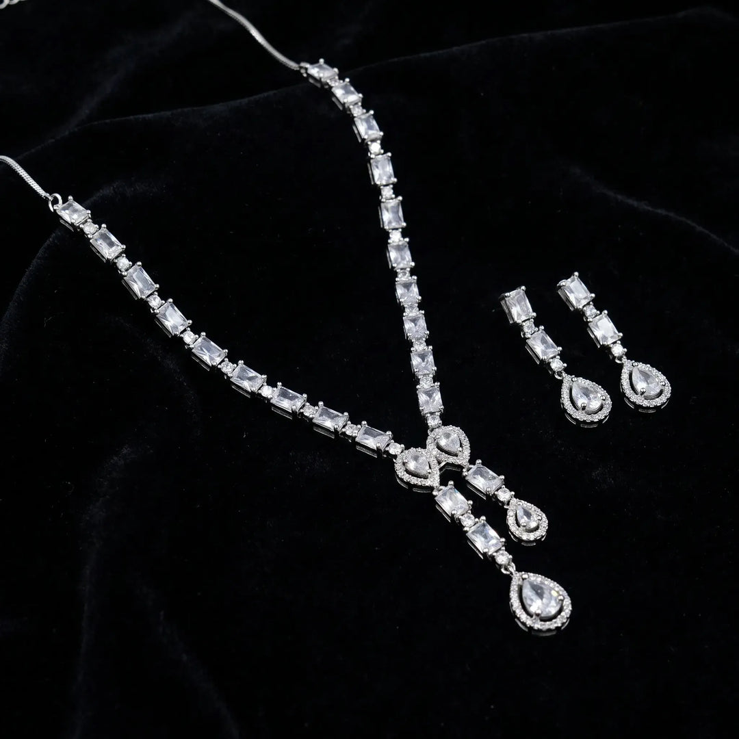 Crystal Baguette Teardrop Halo Necklace Set