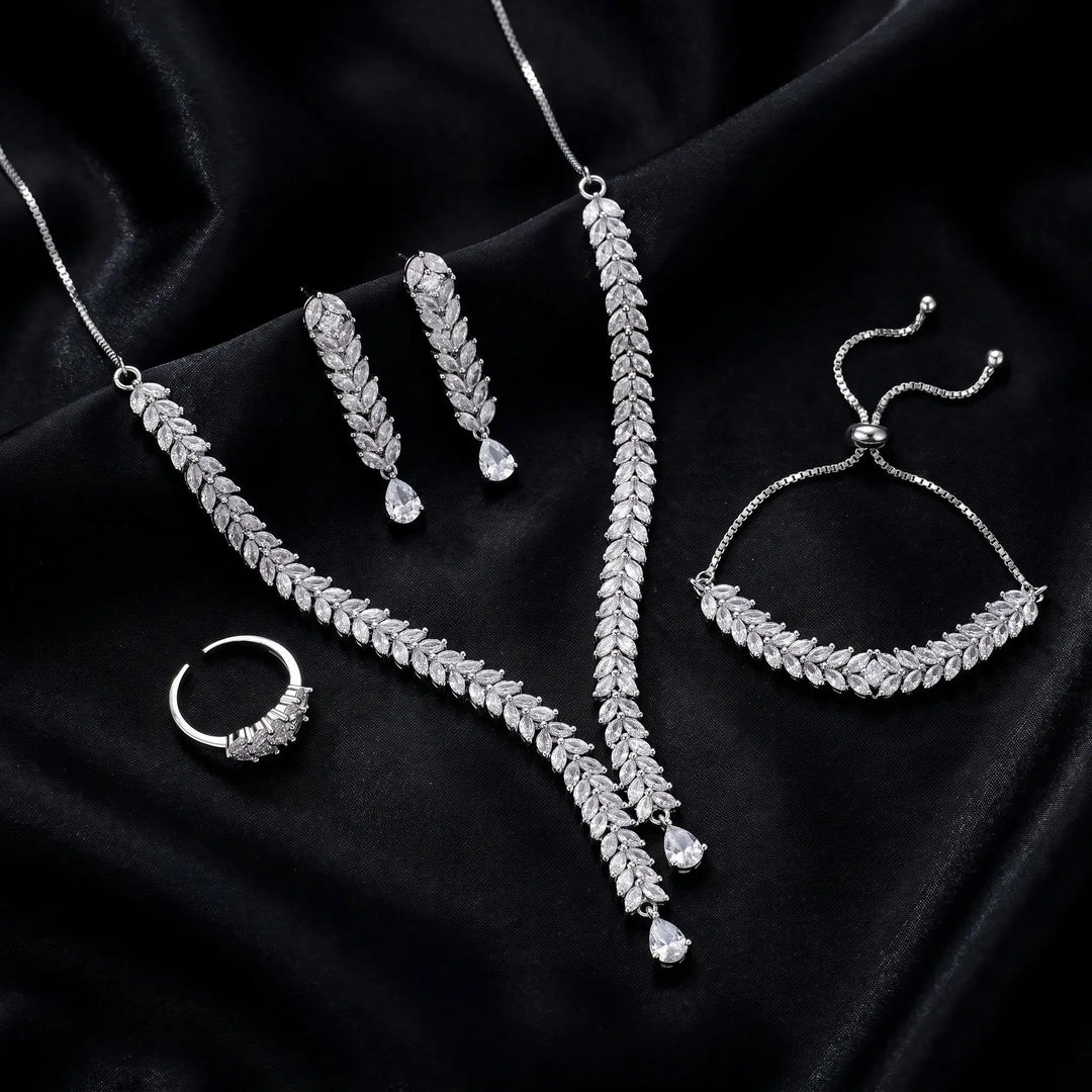 Silver Crystal Leaf Cascade Jewellery Set