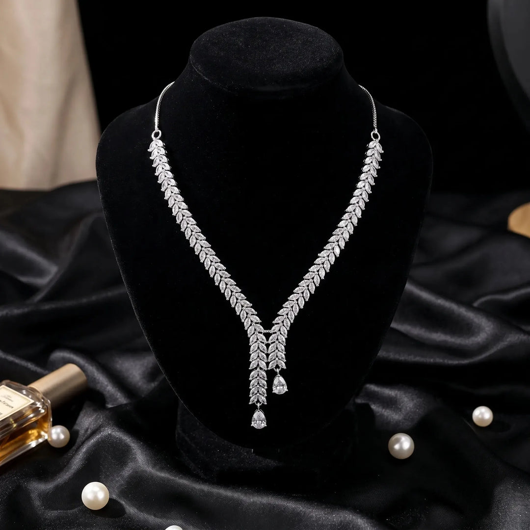 Silver Crystal Leaf Cascade Jewellery Set
