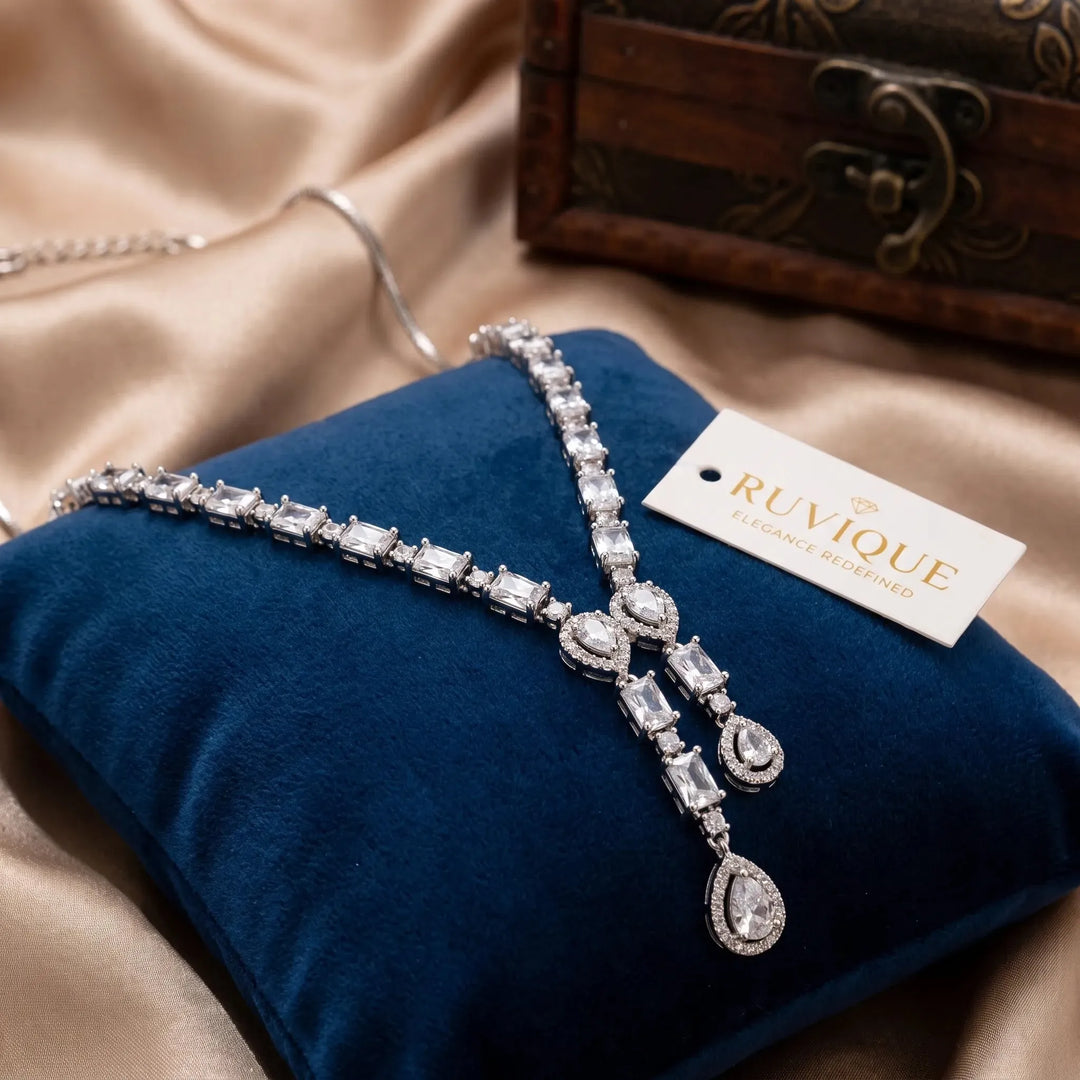 Crystal Baguette Teardrop Halo Necklace Set