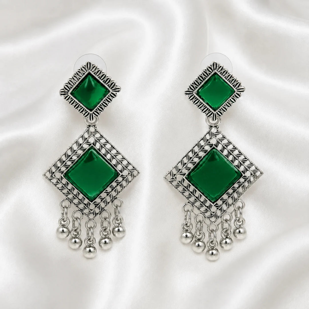 Emerald Filigree Square Jhumka Earrings