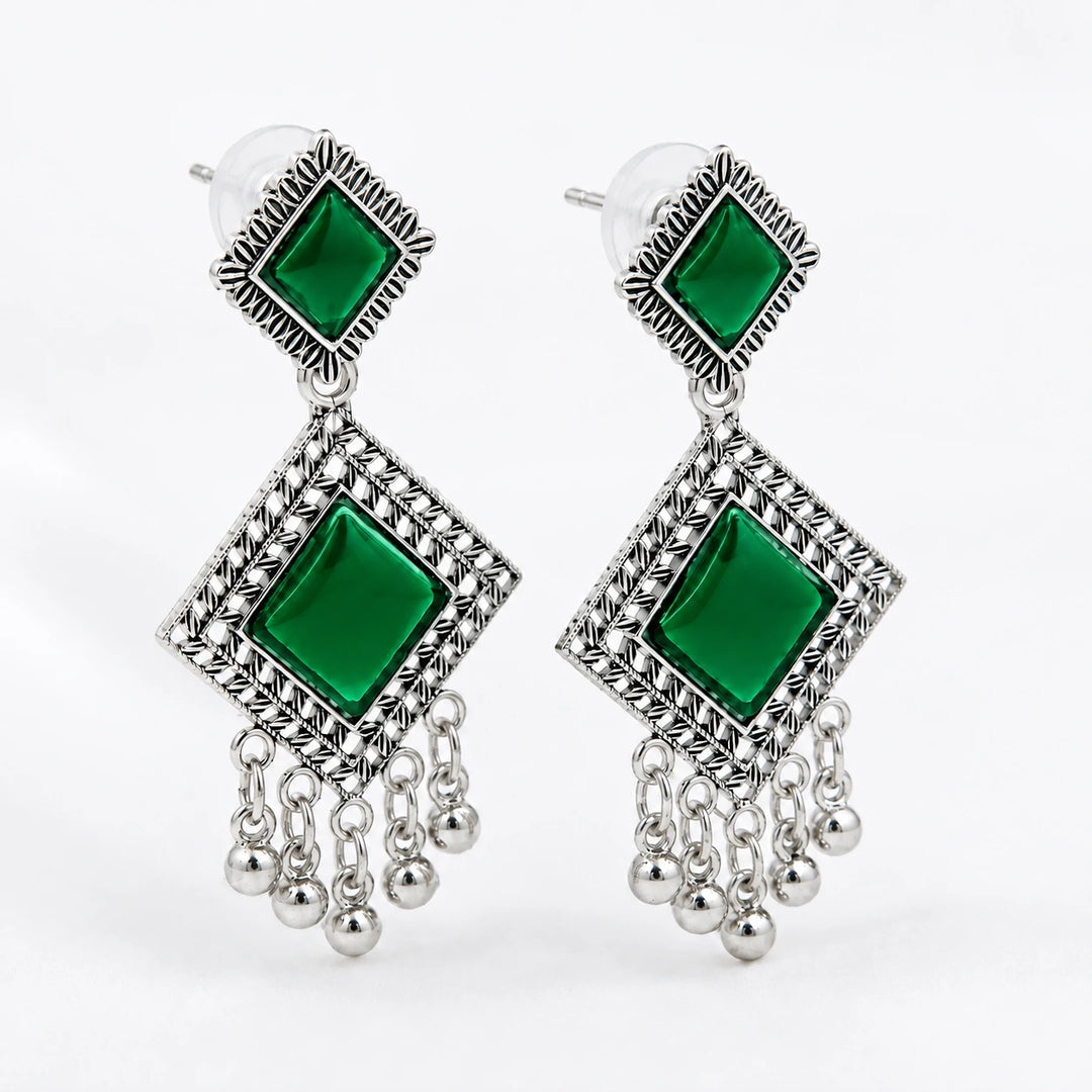 Emerald Filigree Square Jhumka Earrings