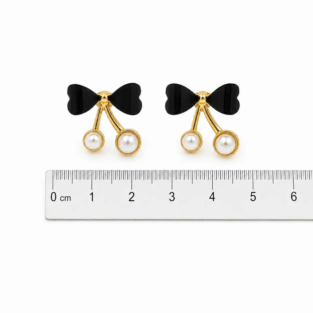 Black Bow Pearl Cherry Earrings