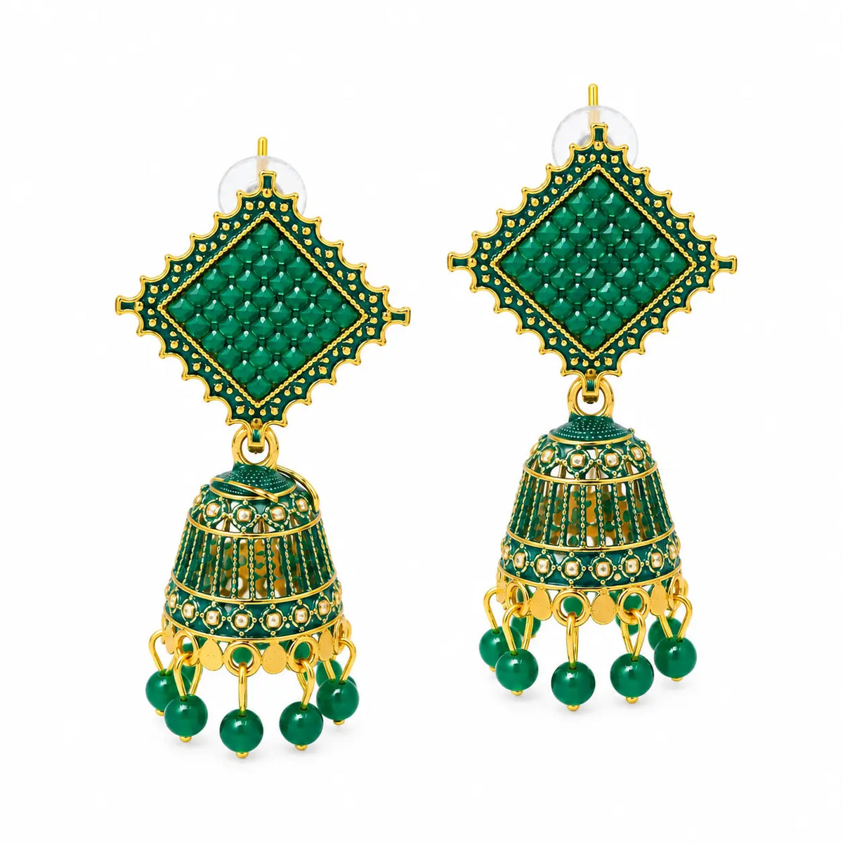 Emerald green meenakari jhumka earrings