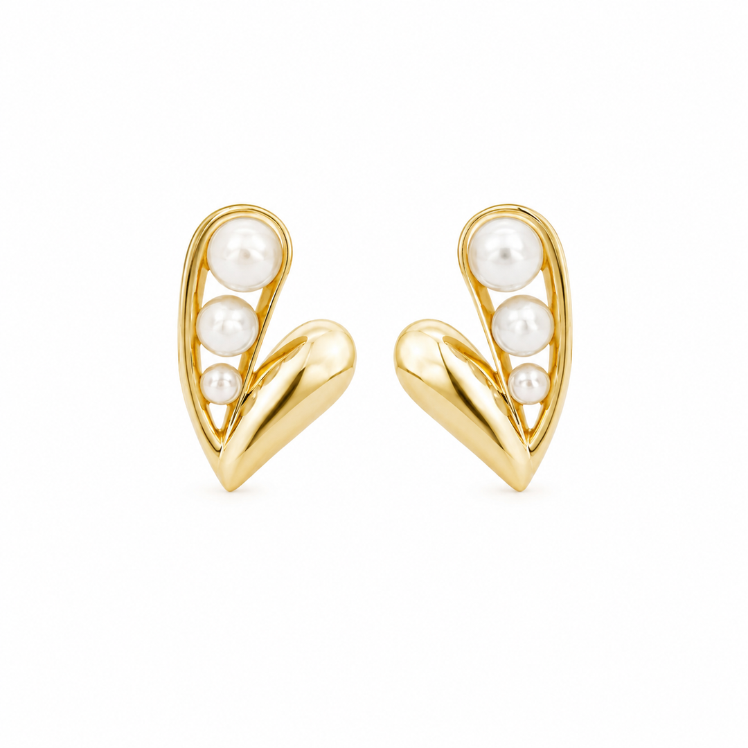 Gold Heart Pearl Cascade Stud Earrings
