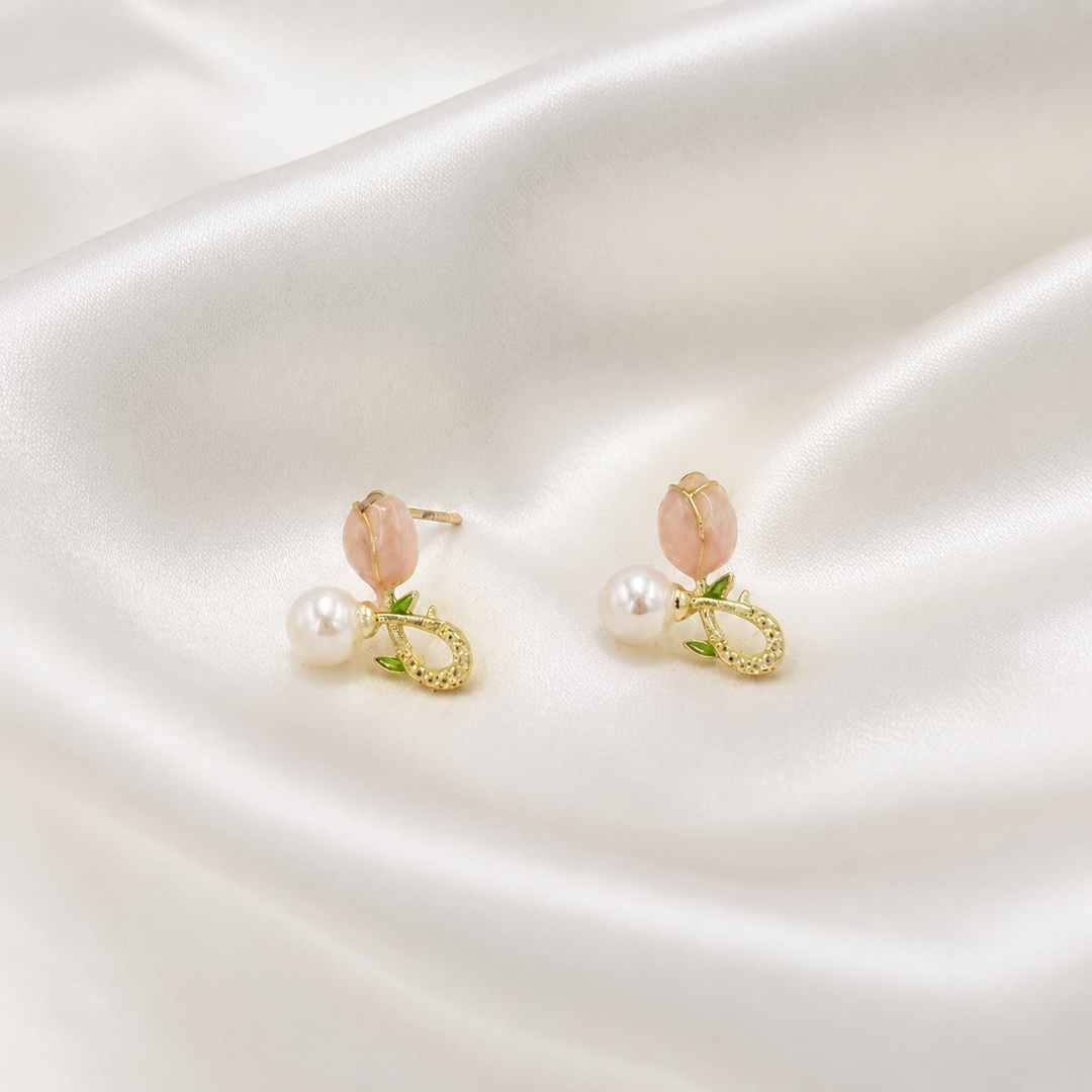 Rosebud Pearl Charm Stud Earrings