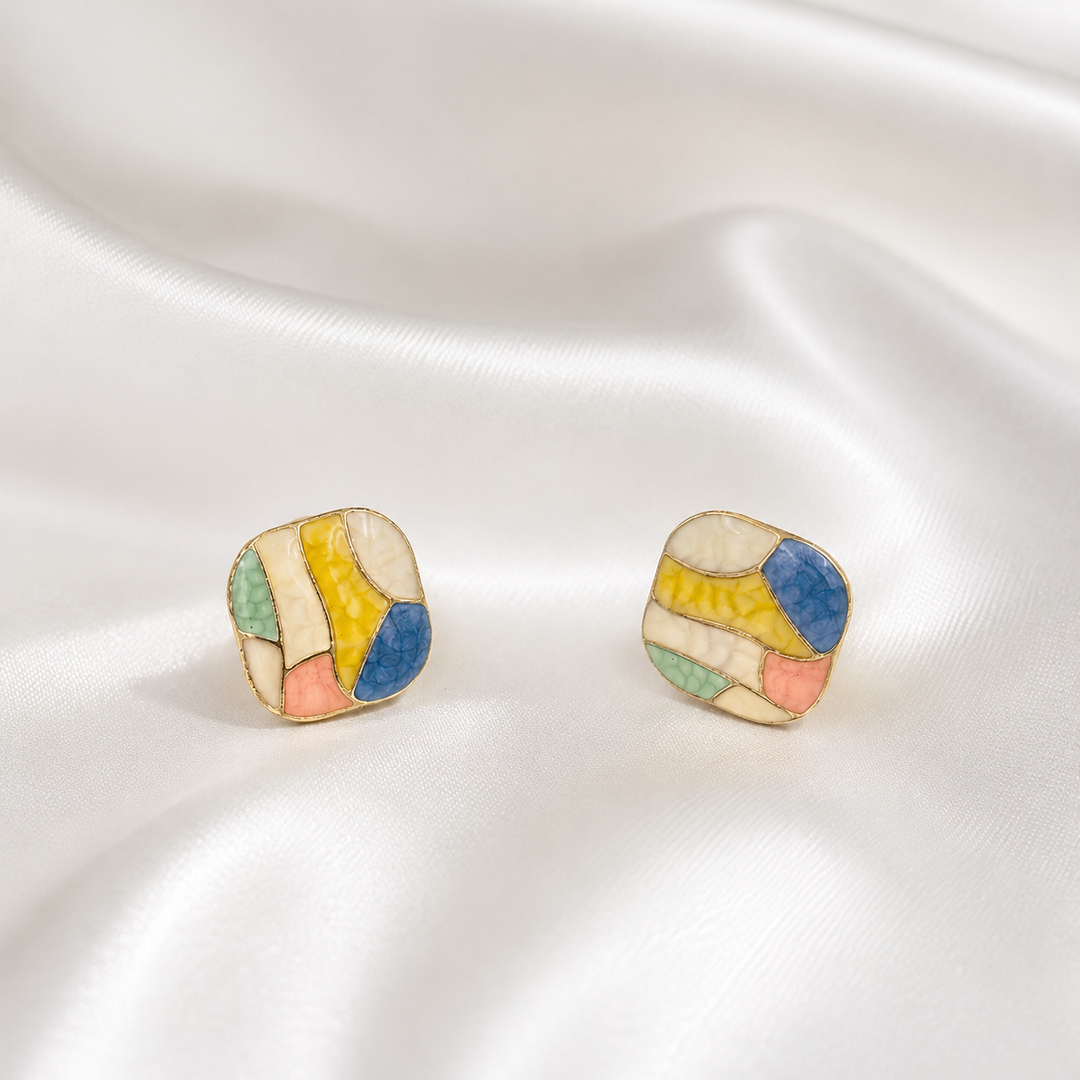 Mosaic Multicolour Enamel Square Stud Earrings