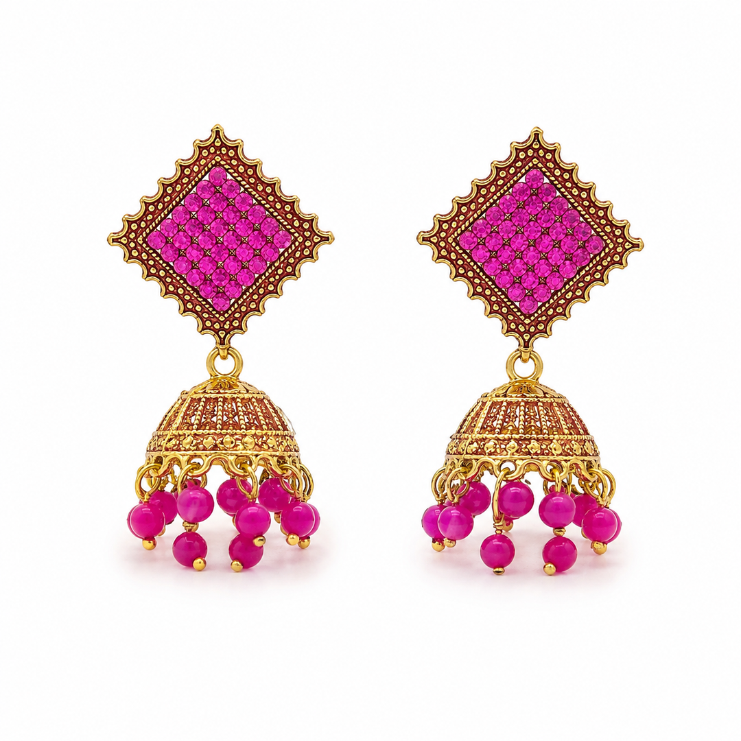 Pink Square Jhumka Earrings
