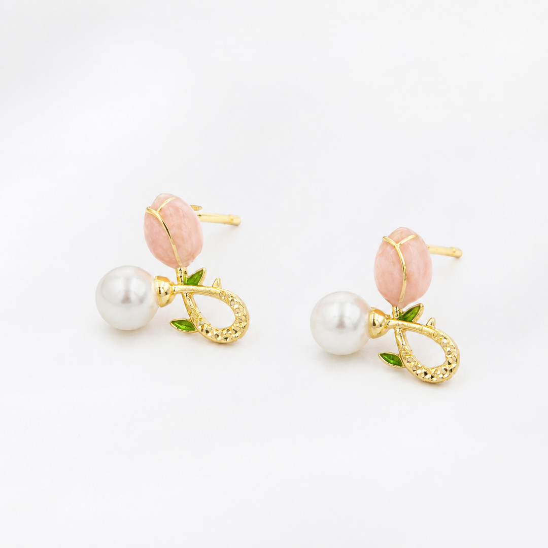 Rosebud Pearl Charm Stud Earrings