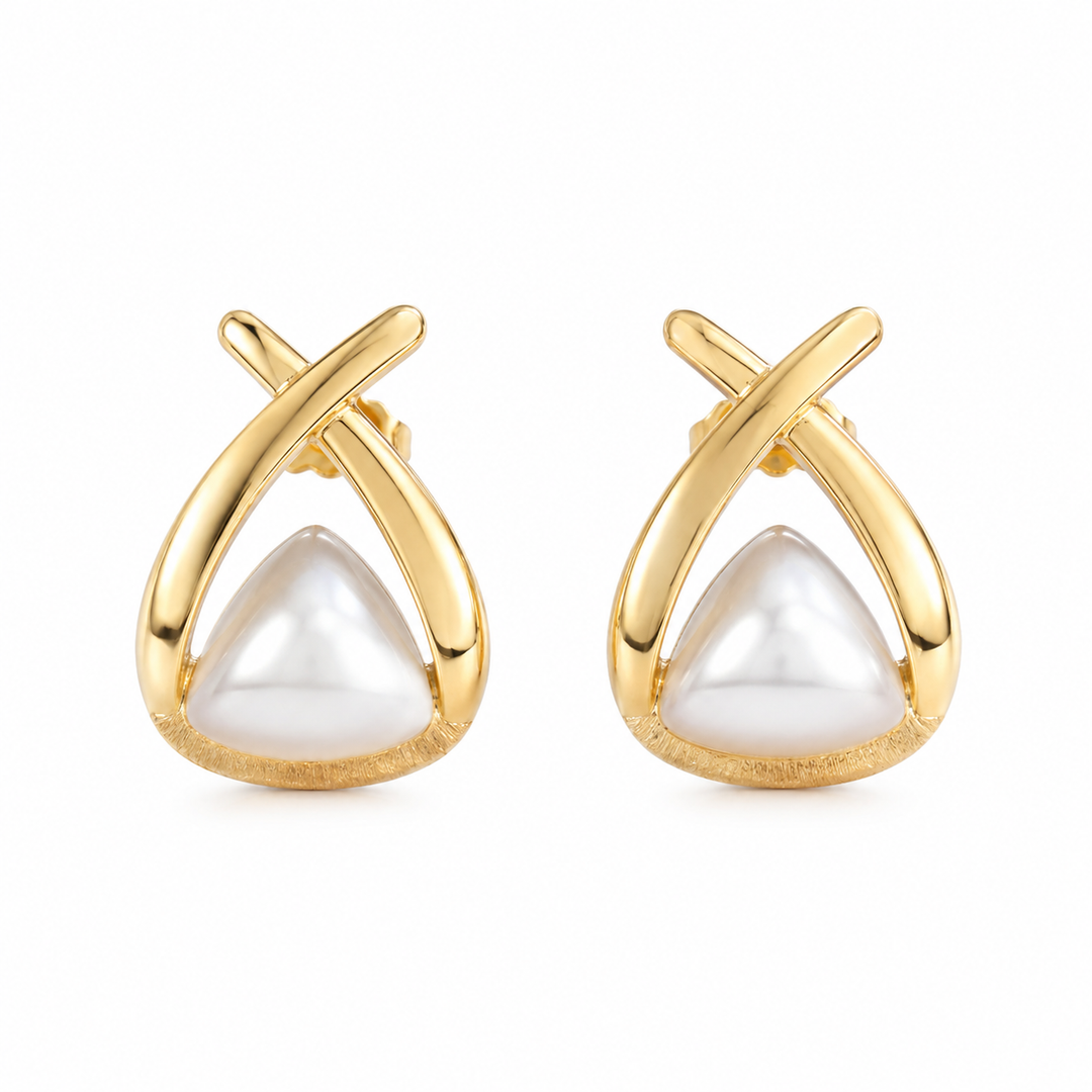 Gold Cross Wrap Triangle Pearl Studs