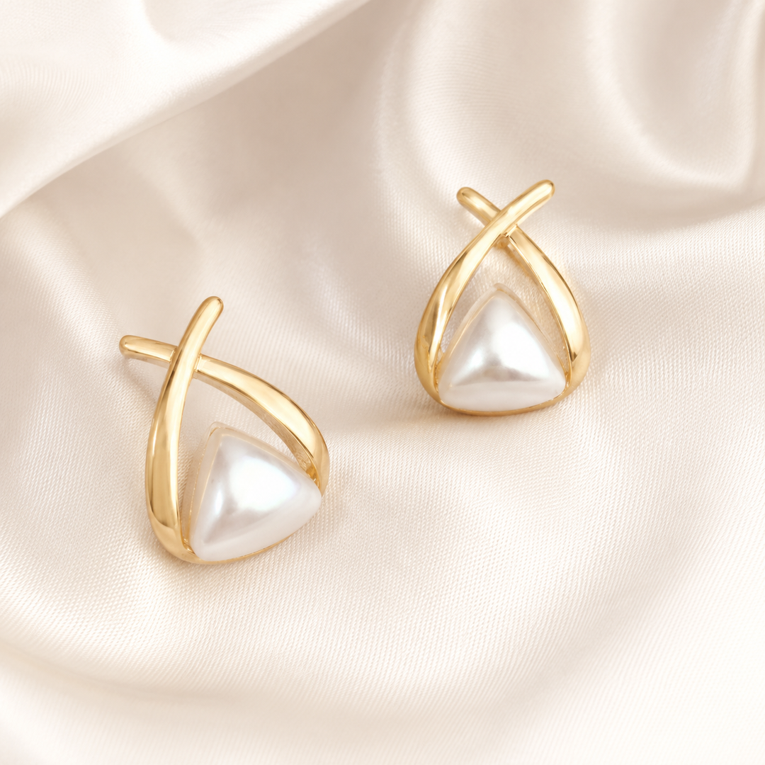 Gold Cross Wrap Triangle Pearl Studs