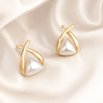 Load image into Gallery viewer, Gold Cross Wrap Triangle Pearl Studs
