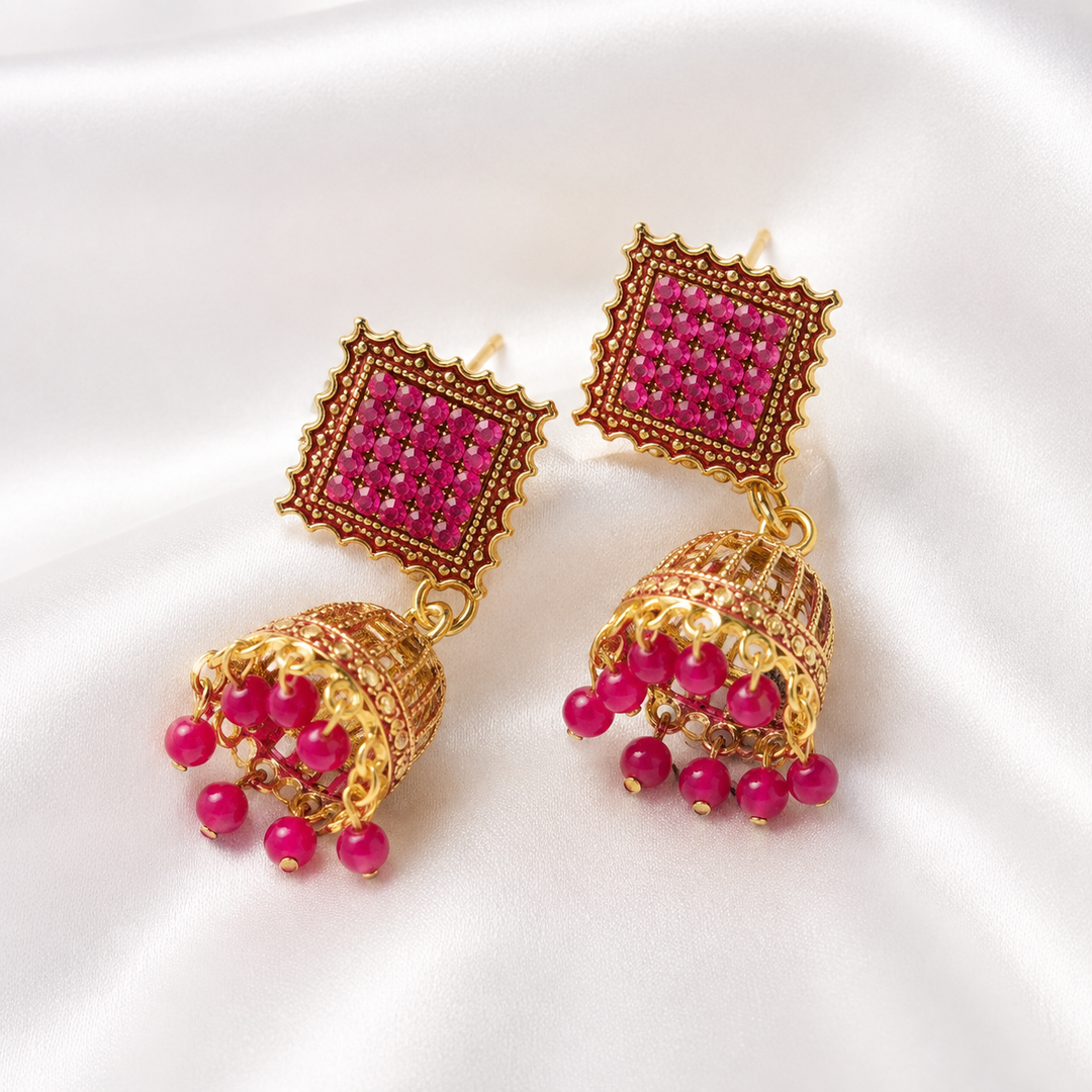 Pink Square Jhumka Earrings