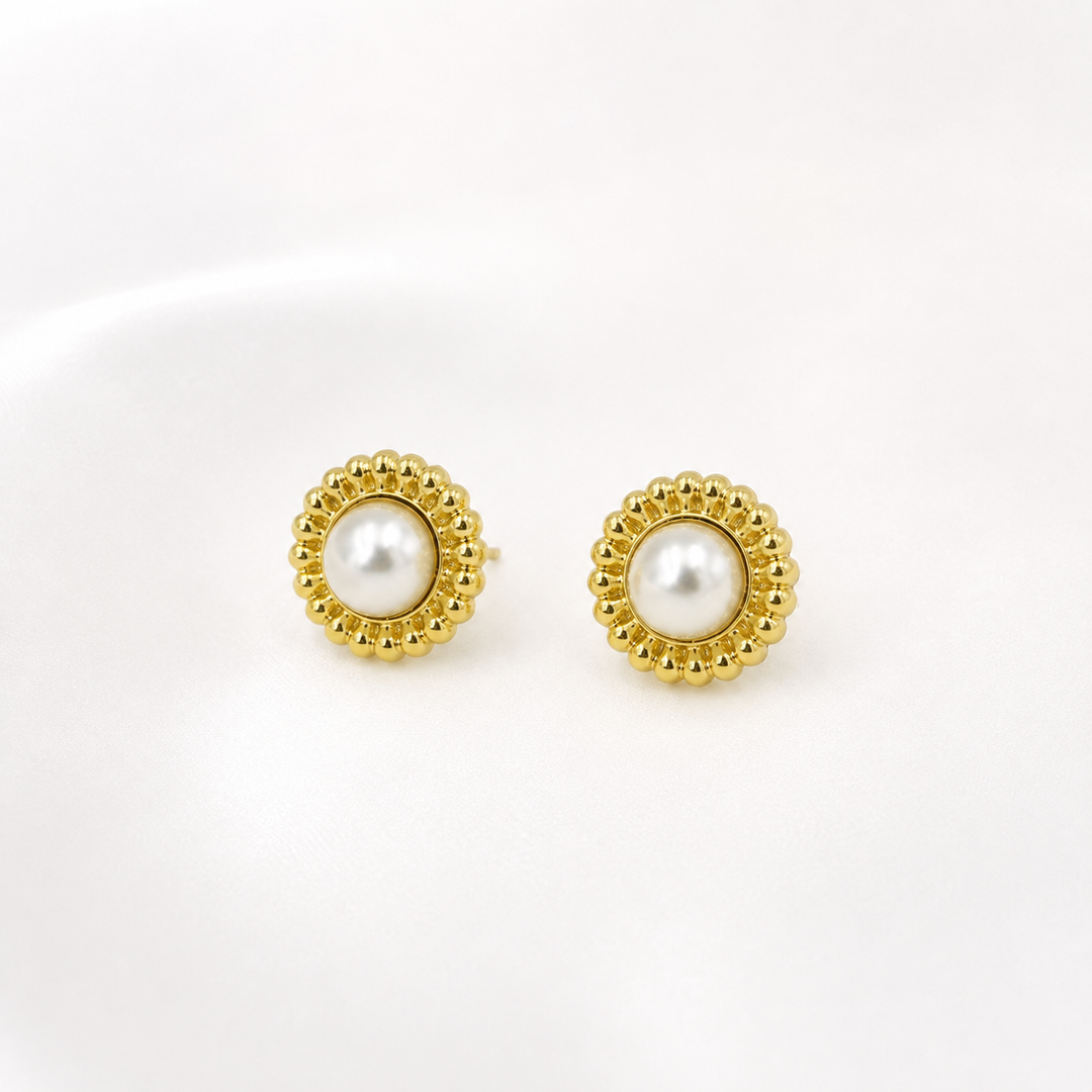 Ivory Pearl Gold Beaded Circle Studs