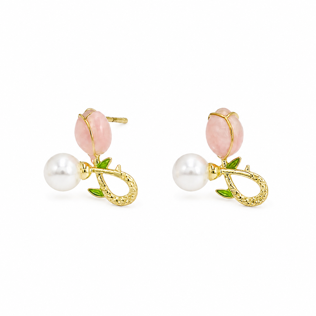 Rosebud Pearl Charm Stud Earrings