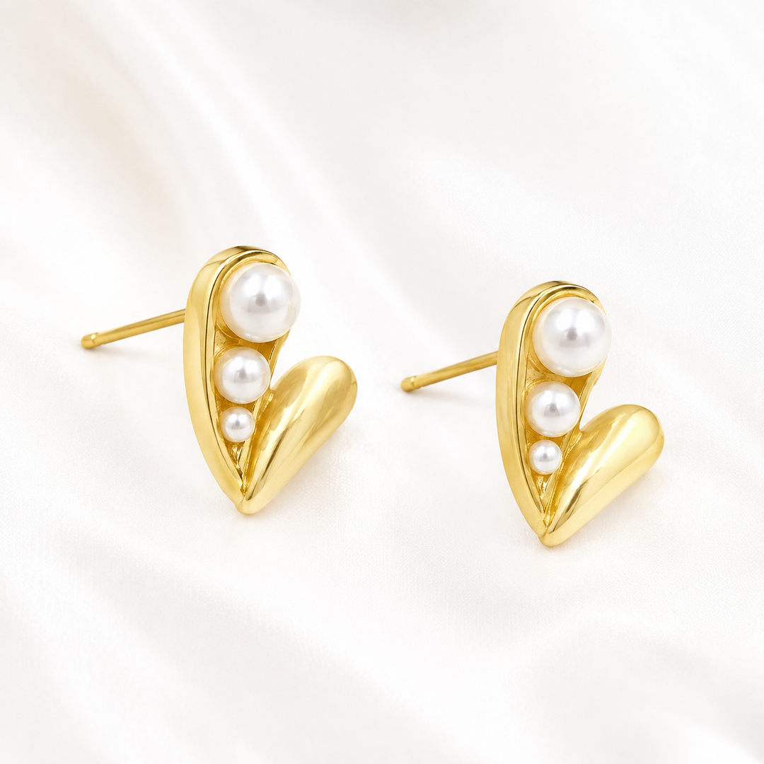 Gold Heart Pearl Cascade Stud Earrings