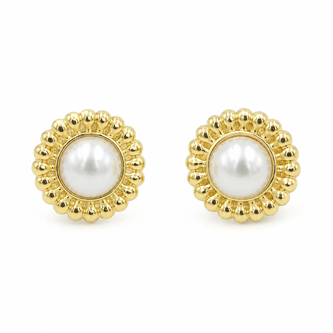 Ivory Pearl Gold Beaded Circle Studs