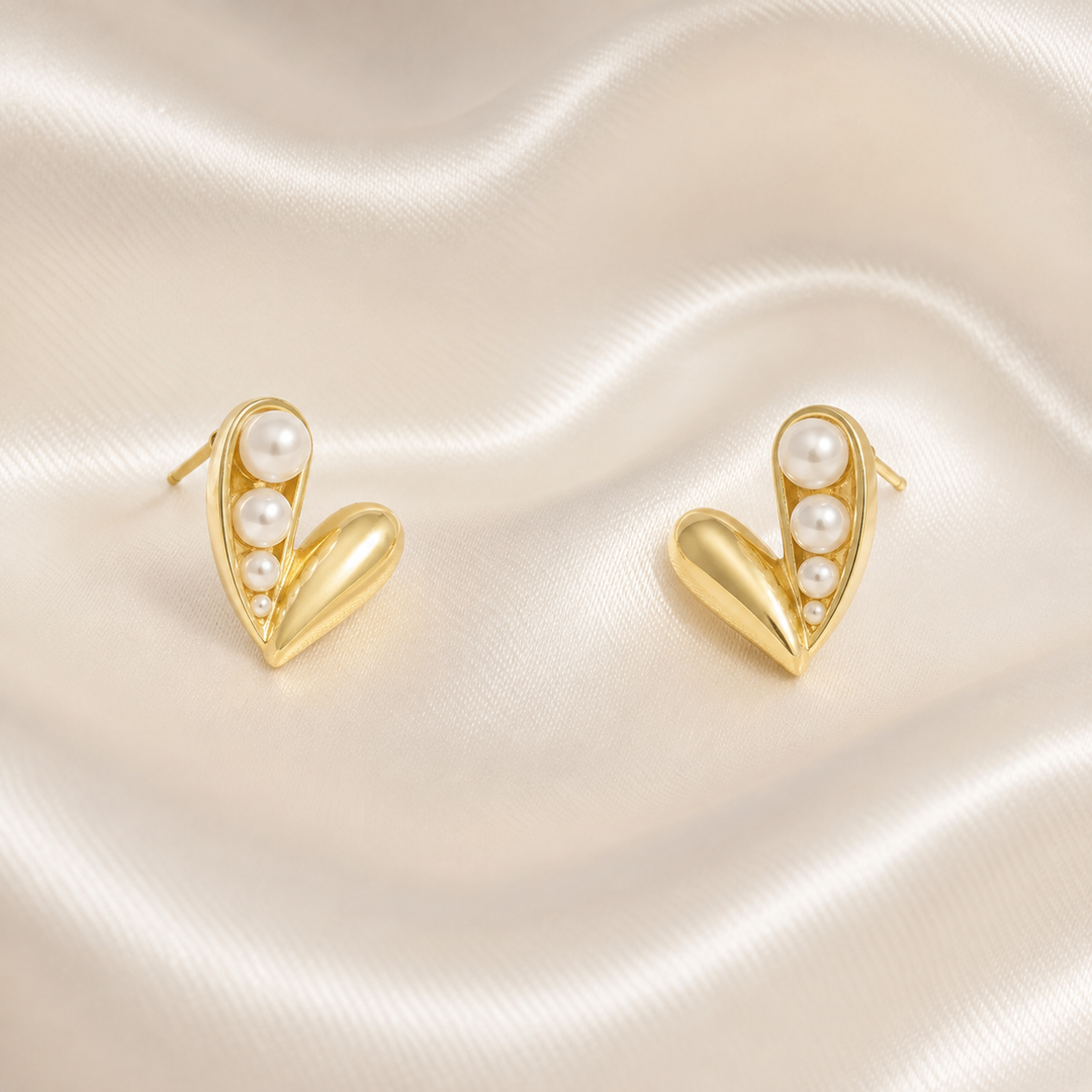Gold Heart Pearl Cascade Stud Earrings