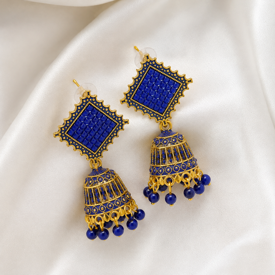 Royal Blue Square Jhumka Earrings