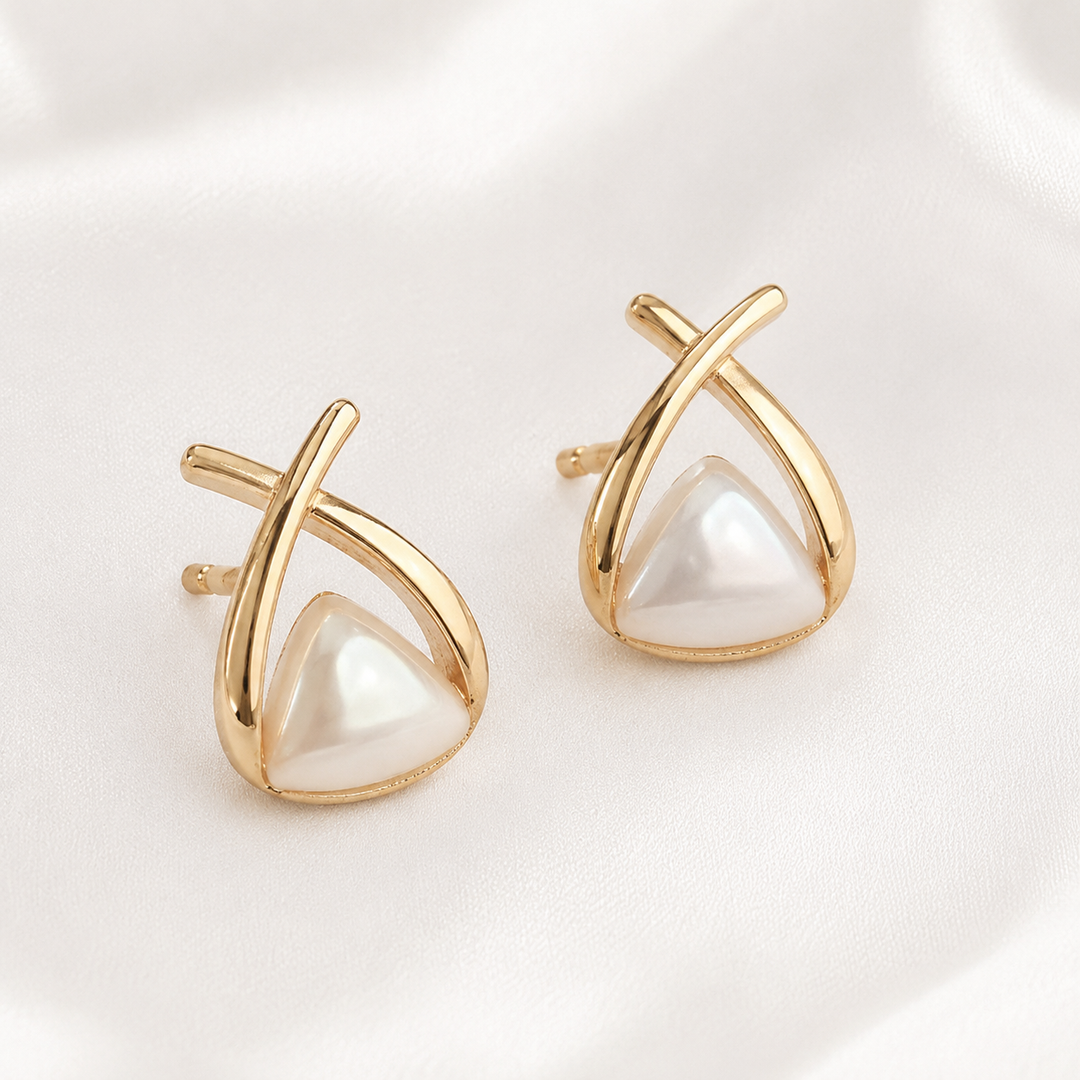 Gold Cross Wrap Triangle Pearl Studs