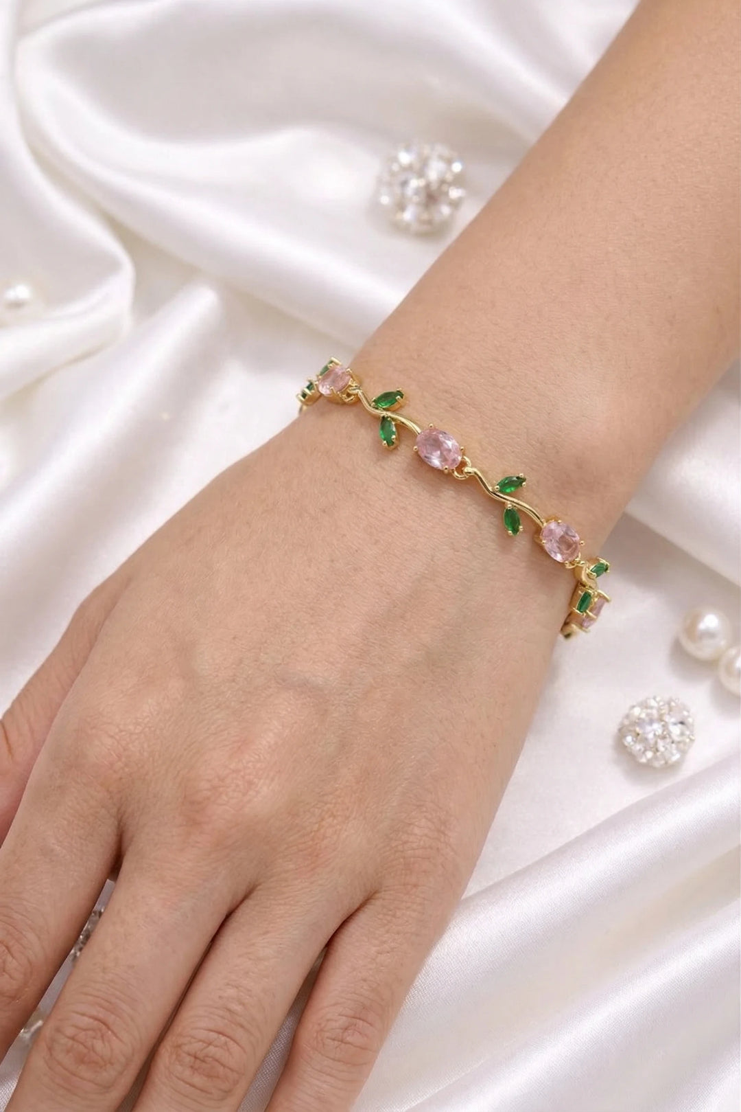Pink Green Leaf Tulip Bracelet